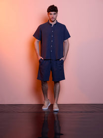 Camicia button-down in lino e cotone a maniche corte