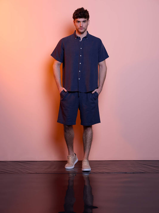 Camicia button-down in lino e cotone a maniche corte