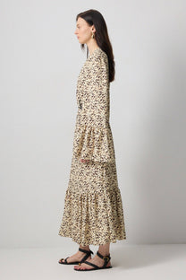 Abito lungo animalier con cintura in ecopelle