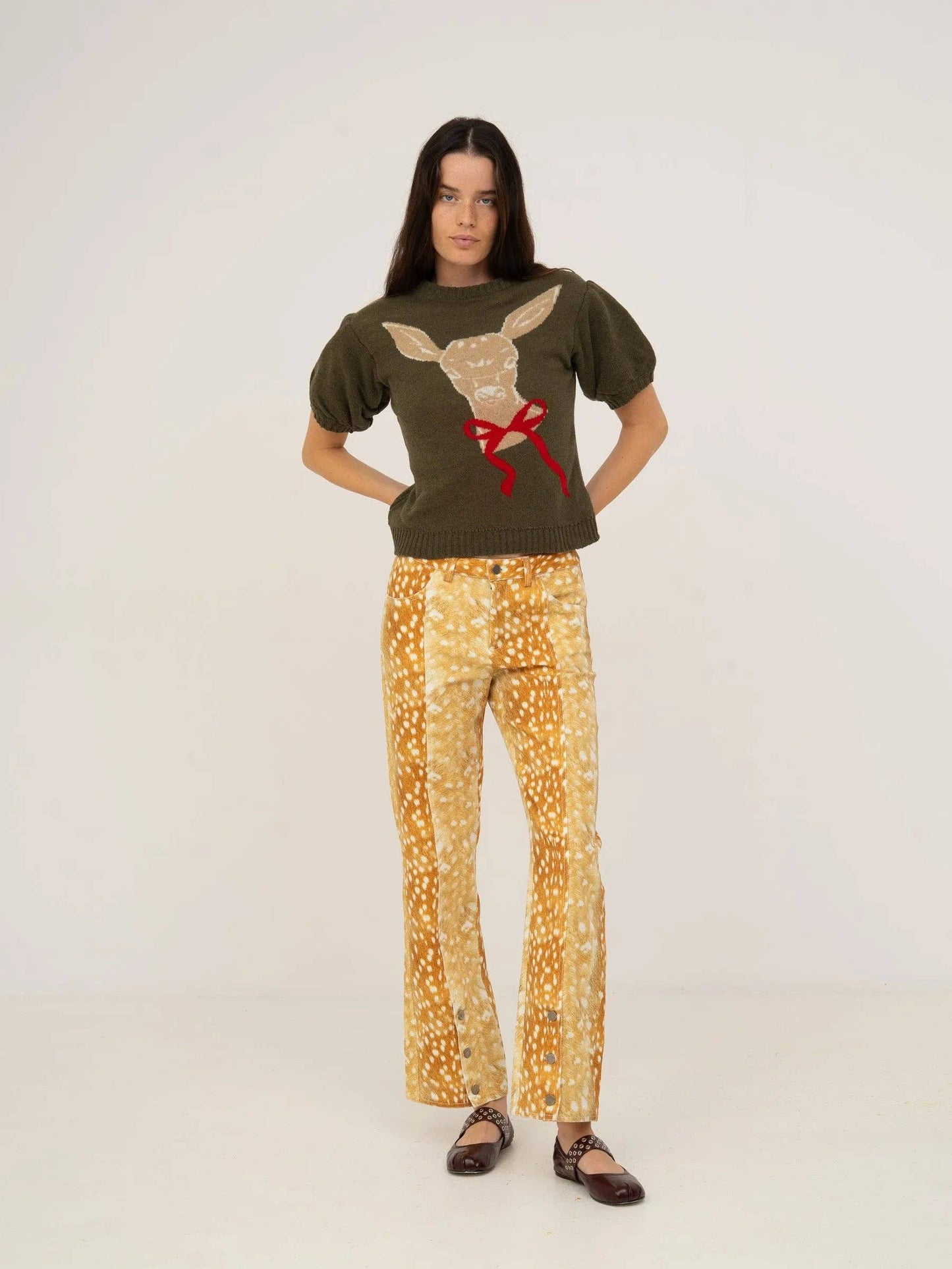 Jeans in denim con stampa cervo a gamba larga