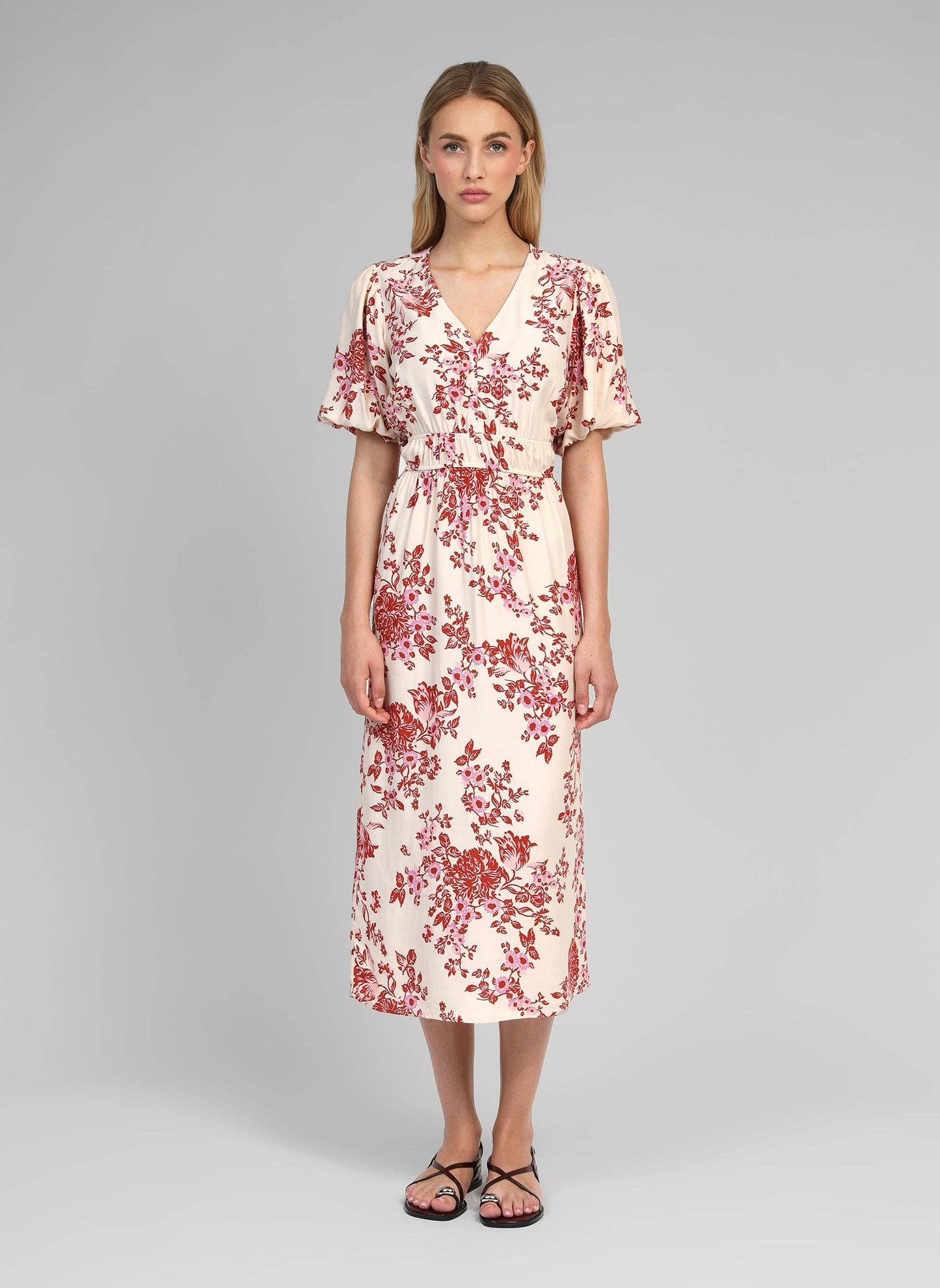 Abito midi Melila rosa con stampa floreale