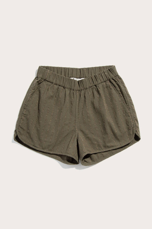 Shorts track Luca a righe oliva in lino e cotone
