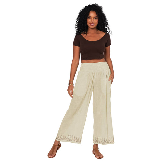 Pantaloni estivi boho in cotone a gamba ampia con vita arricciata