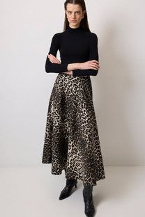 Gonna in gabardine con stampa leopardata