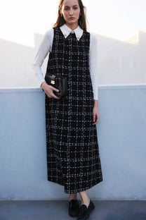 Abito gilet in tweed a quadri con colletto a camicia