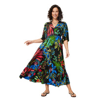 Abito estivo lungo boho con maniche a 3/4 e stampa tropicale