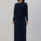 Abito lungo blu navy con drappeggio e cintura