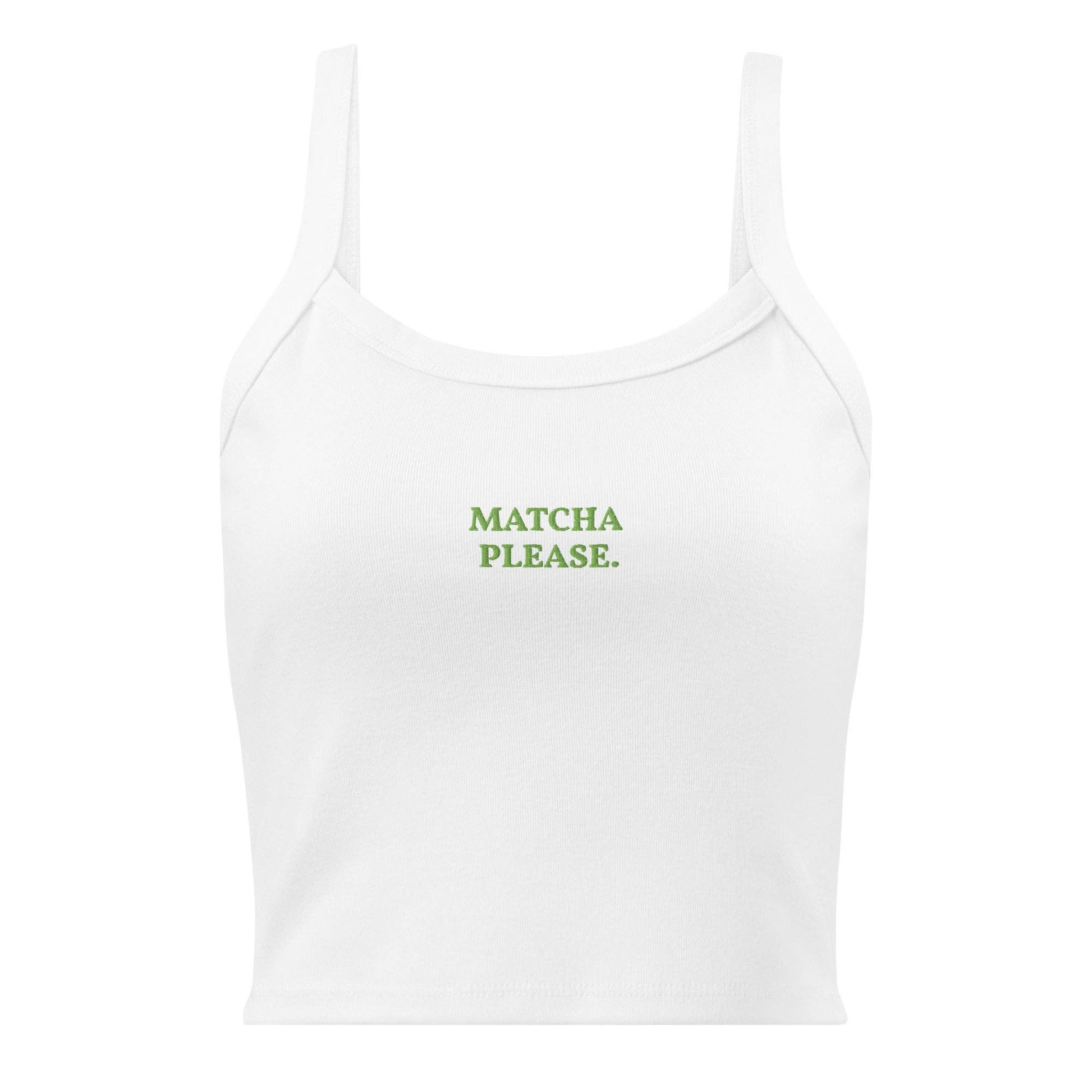 Canotta crop a coste in cotone con ricamo "Matcha Please"