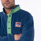 Felpa in pile bicolore blu navy e verde con bottoni