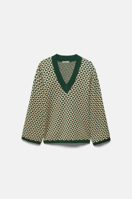 Maglione jacquard geometrico con scollo a V