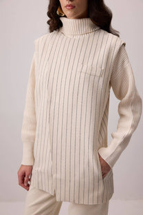 Gilet a collo alto a righe in misto lino e cotone