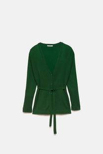 Cardigan-cappotto in maglia liscia con cintura