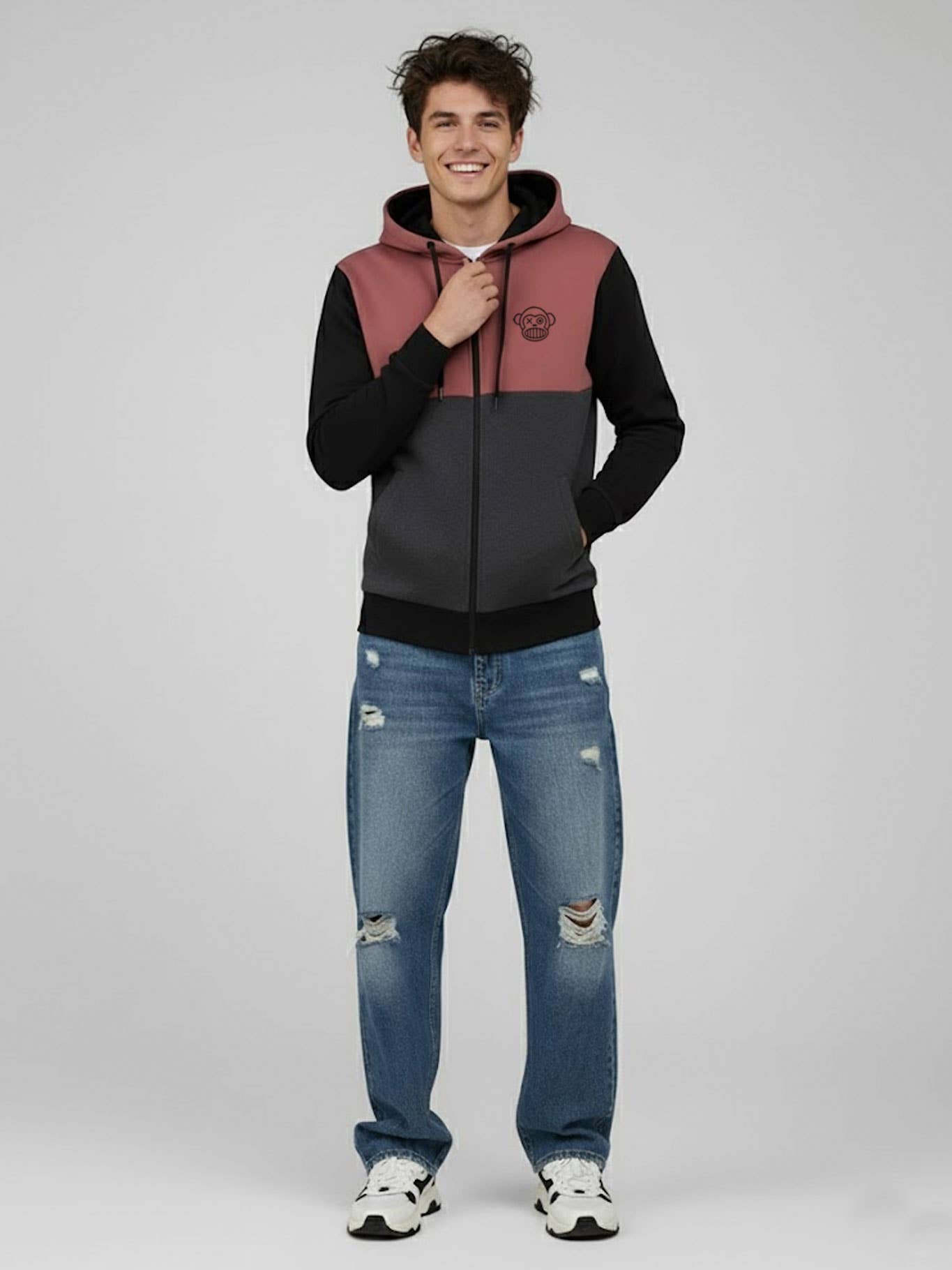 Felpa con zip Chimp color block con cappuccio