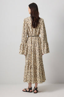 Abito lungo animalier con cintura in ecopelle