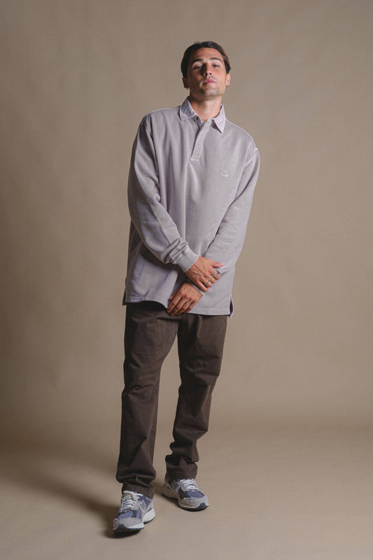 Maglione polo pesante in cotone organico tinto in capo grigio