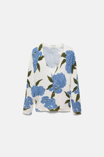 Cardigan jacquard floreale con bottoni
