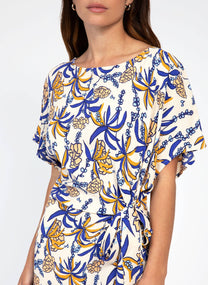 Abito midi Meloty con stampa blu e cintura annodata