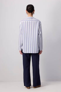 Camicia a righe blu e bianche in misto cotone con collo alla coreana