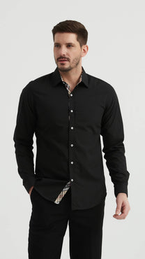 Camicia slim fit nera con dettagli tartan