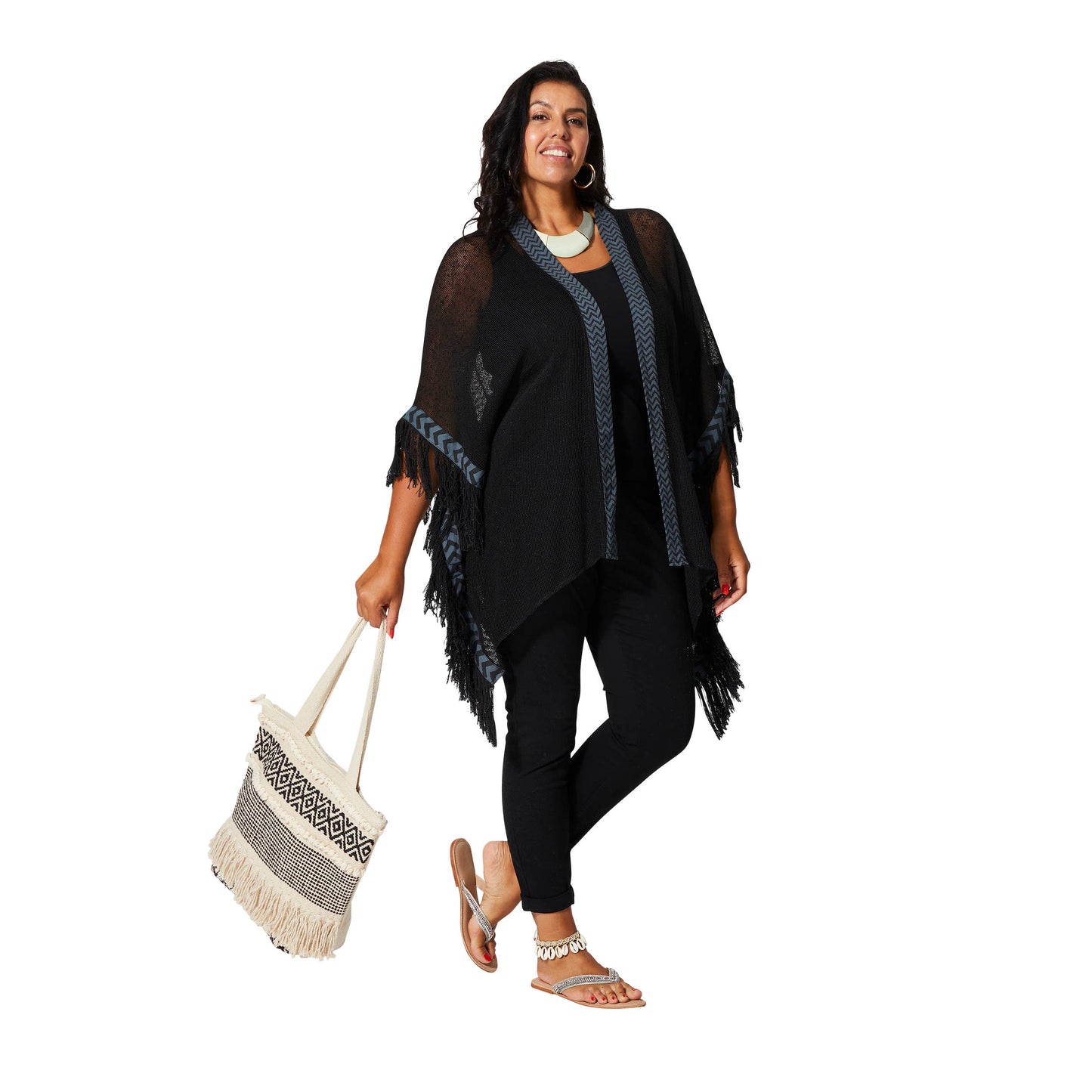 Kimono estivo corto nero con frange