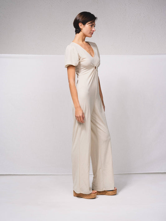 Tuta lunga a gamba larga con scollo a V e cut-out