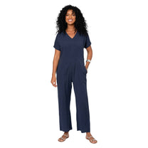 Tuta estiva blu navy in cotone e lino con scollo a V