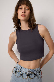 Top crop a coste in cotone antracite