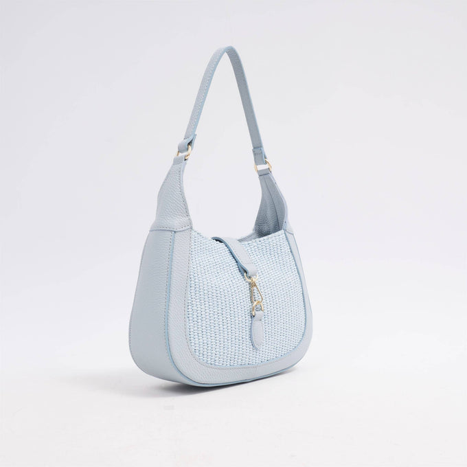 Borsa a spalla in rafia e pelle bimatériale