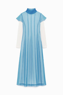 Abito lungo in maglia con sovrapposizione in organza trasparente blu