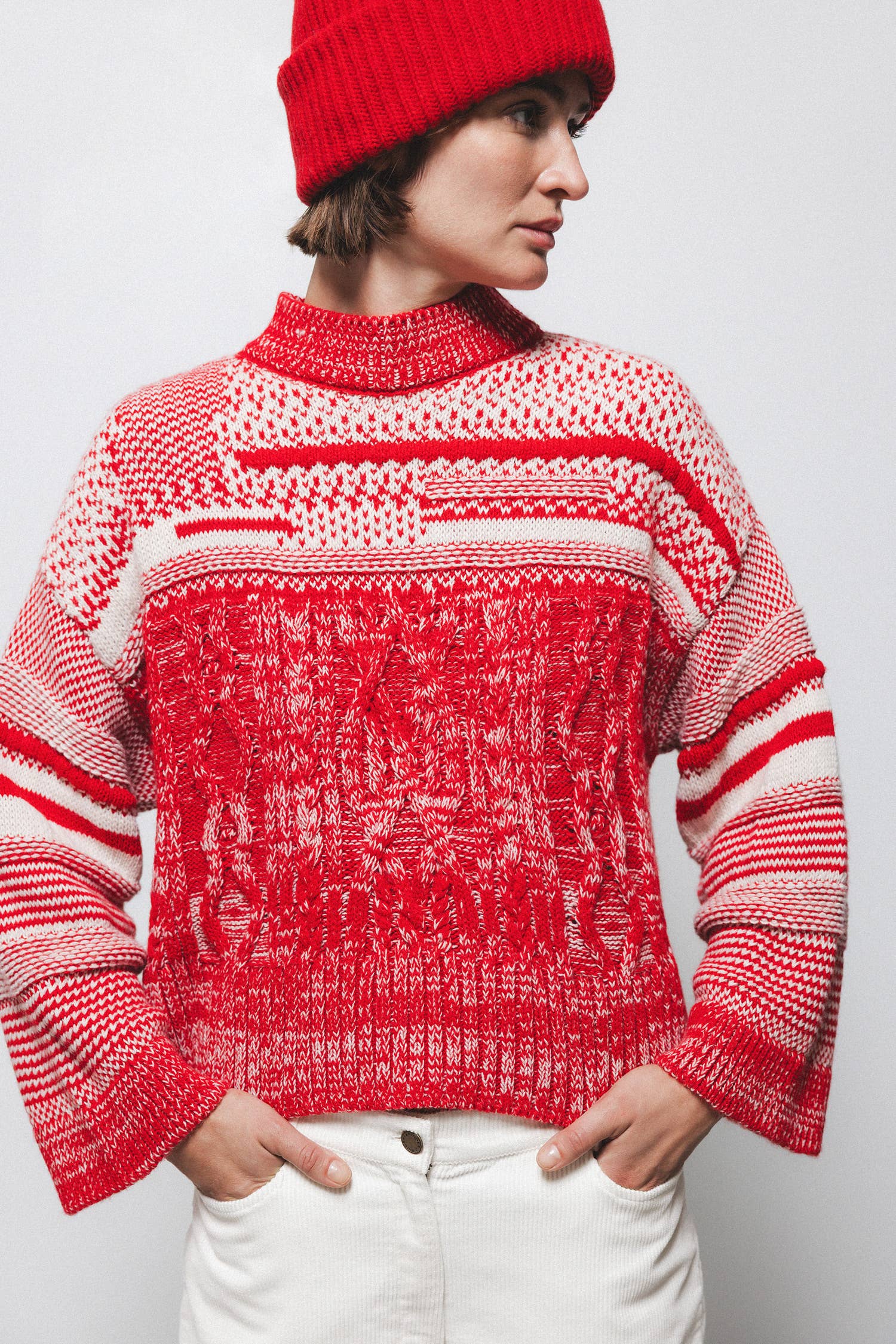 Maglione oversize in maglia strutturata rosso e bianco