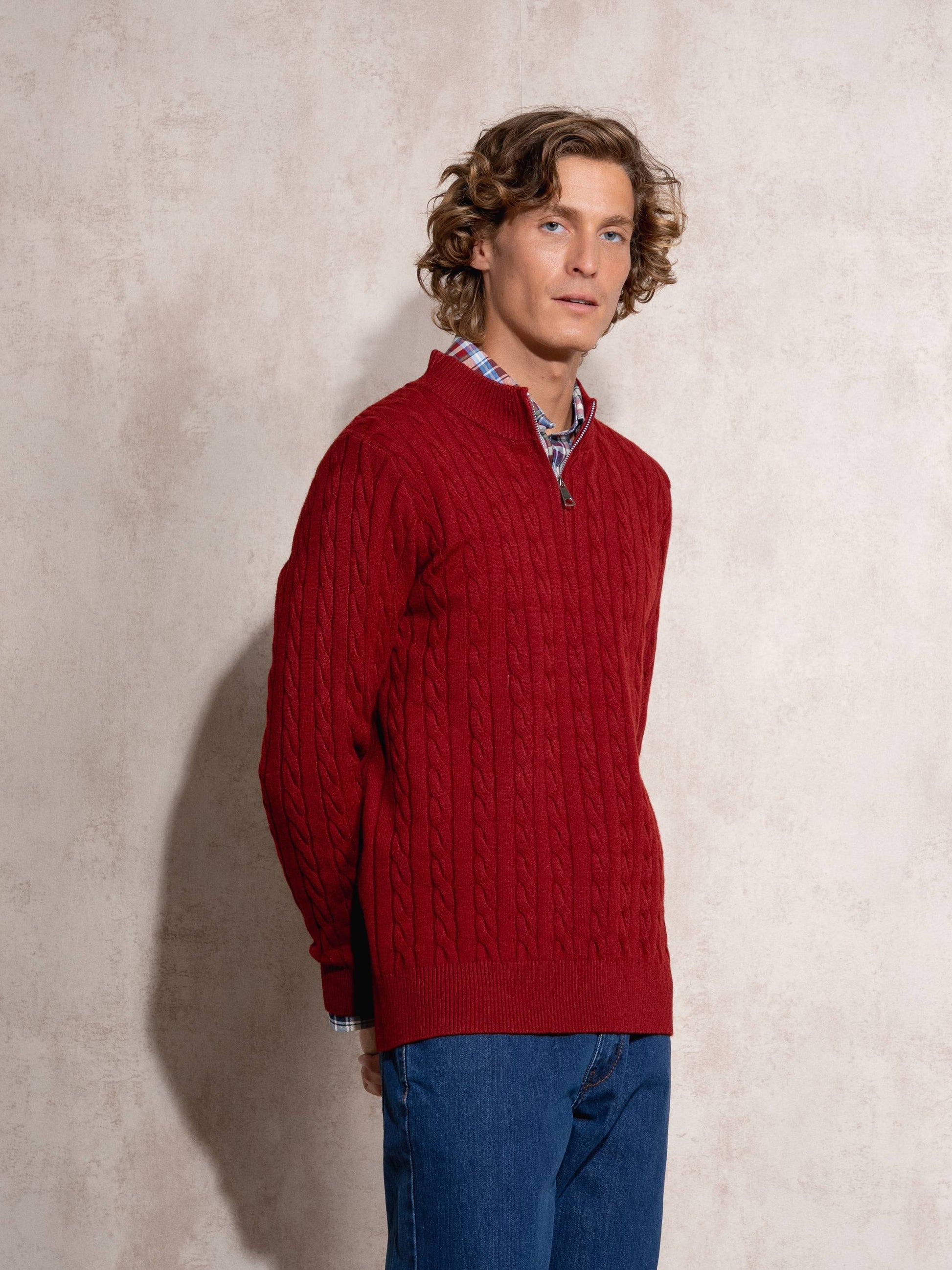 Maglione uomo a trecce con mezza zip