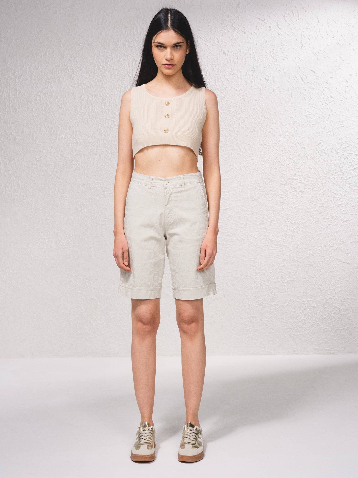 Bermuda donna jacquard beige con risvolto