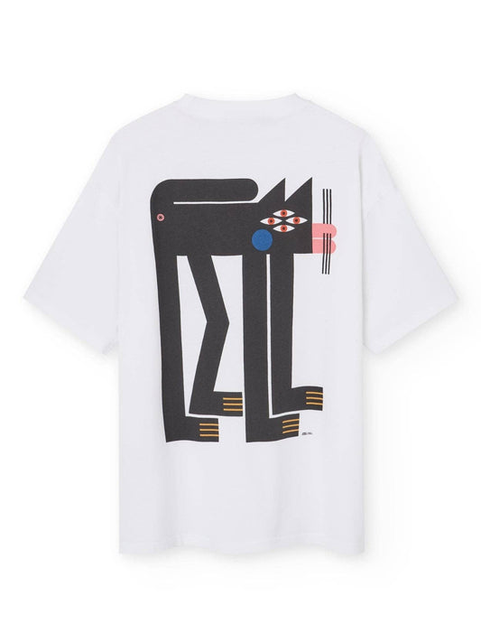 T-shirt oversize bianca con stampa gatto
