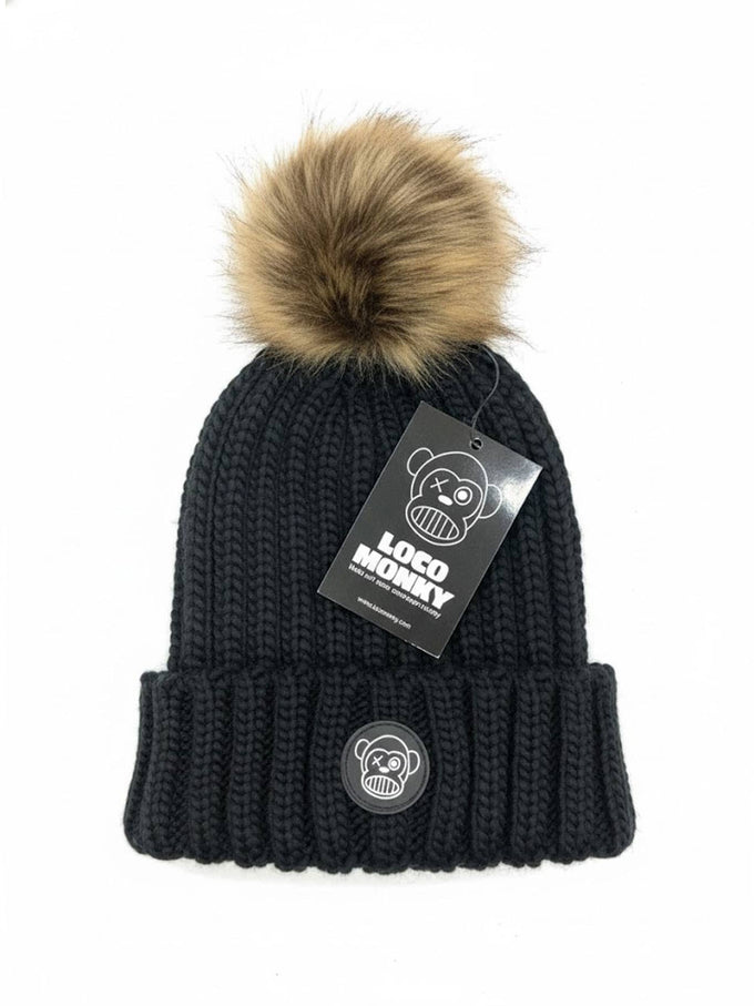 Berretto in maglia con pompon in eco-pelliccia