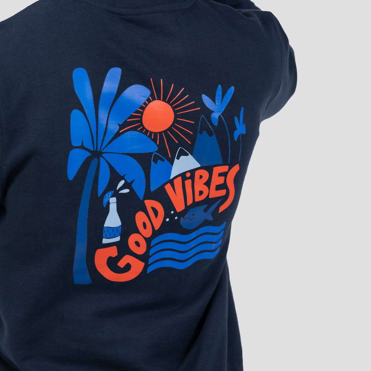 Felpa blu in cotone biologico con stampa Good Vibes