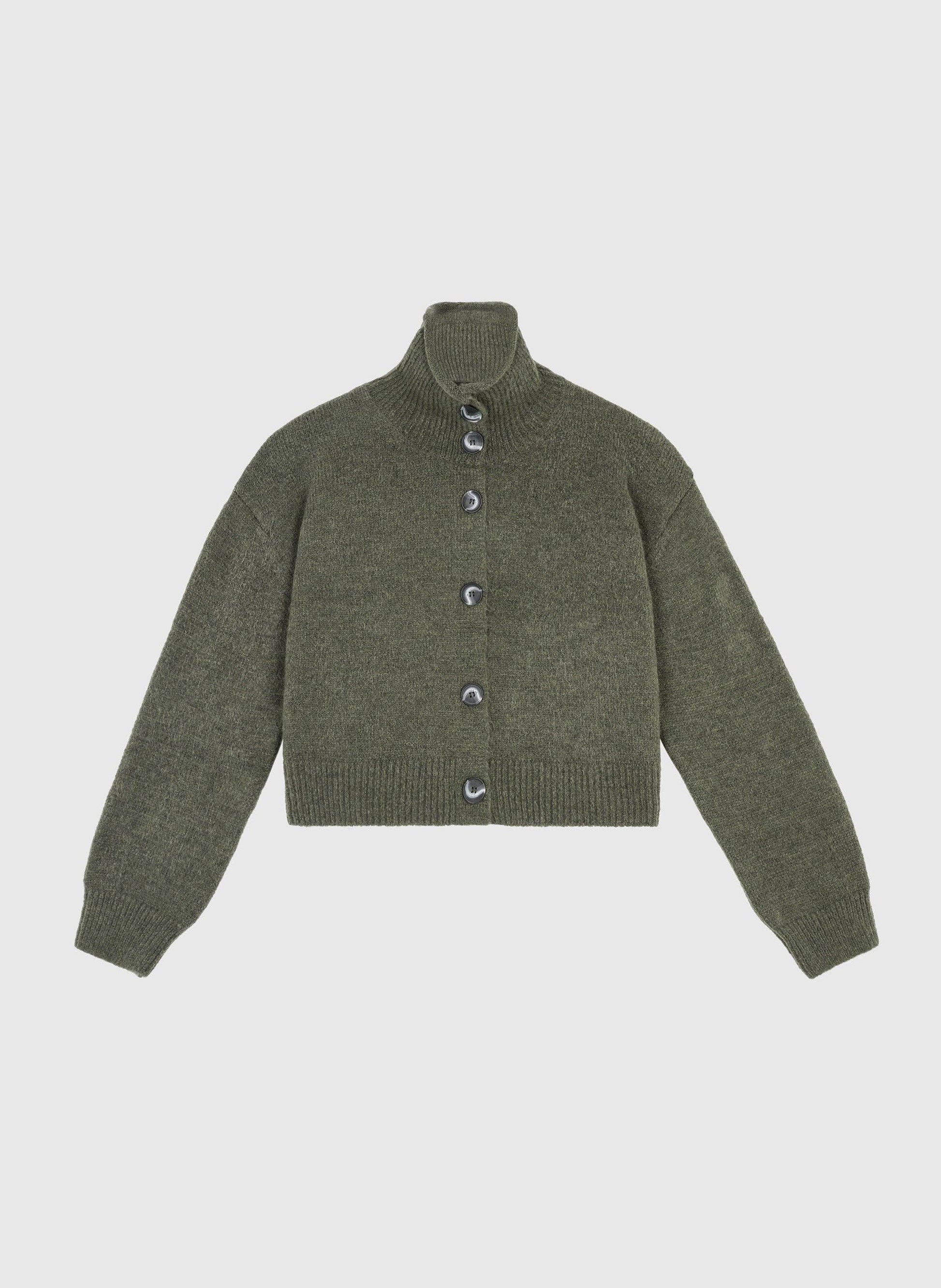 Gilet cardigan in maglia color kaki con collo alto