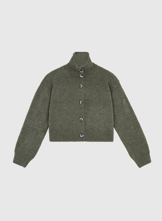 Gilet cardigan in maglia color kaki con collo alto