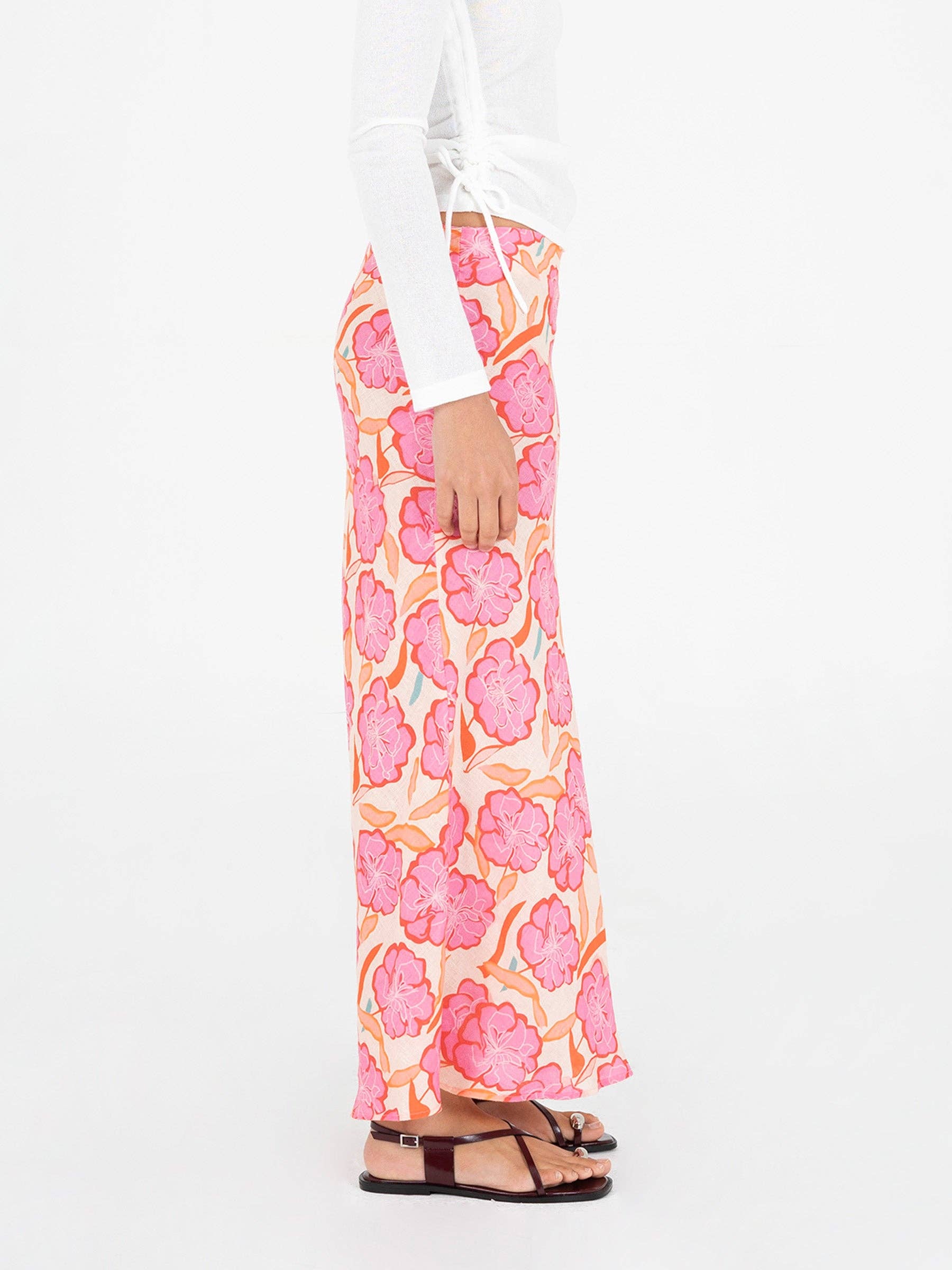 Gonna maxi floreale rosa in lino