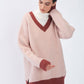 Maglione bicolore a coste con scollo a V