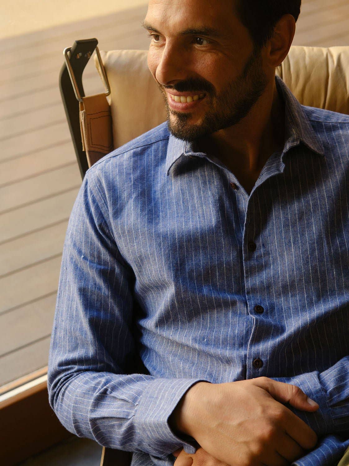 Camicia Lupo in flanella blu a righe sottili
