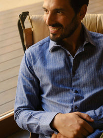Camicia Lupo in flanella blu a righe sottili