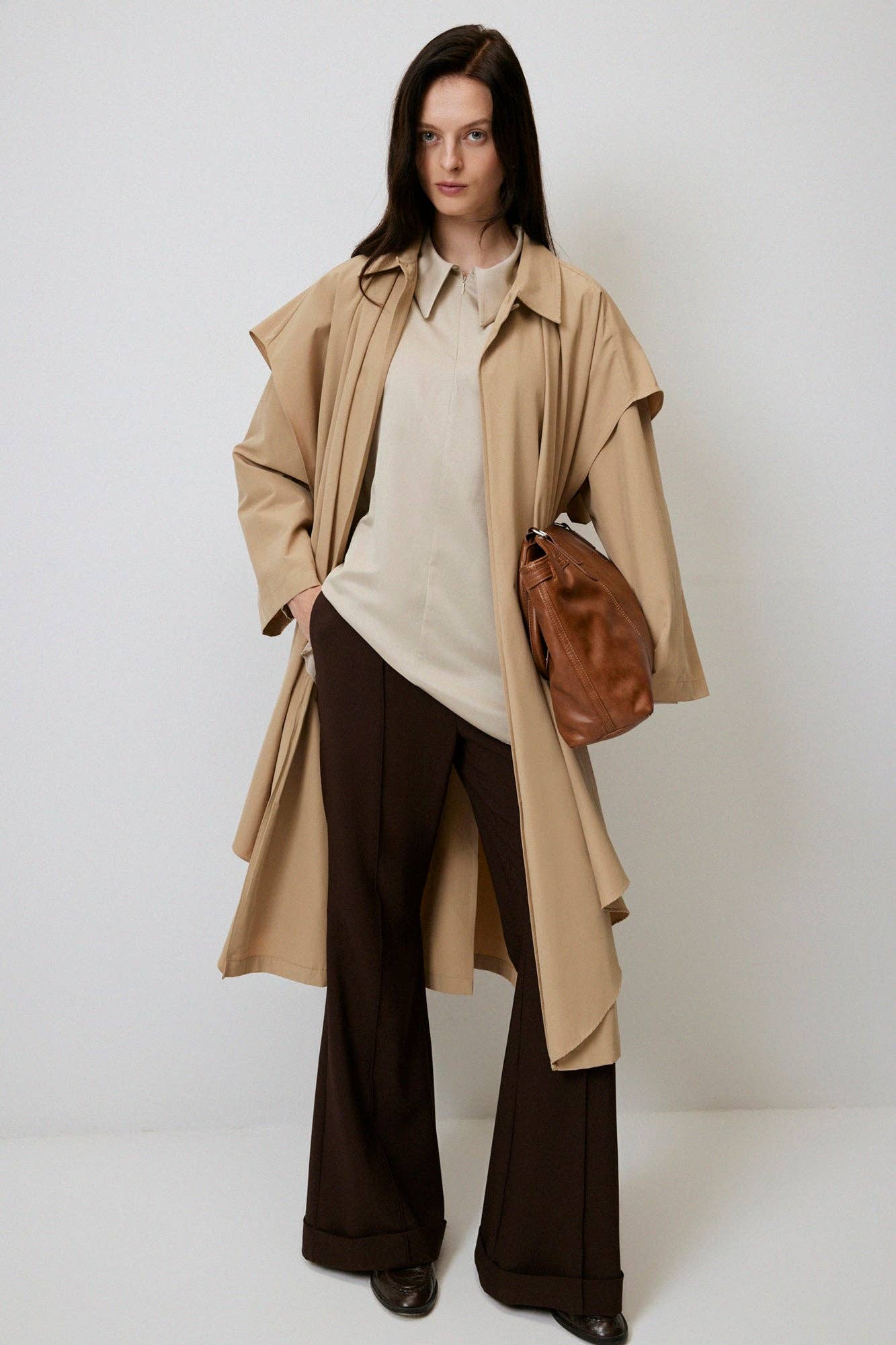 Trench lungo oversize in misto cotone beige