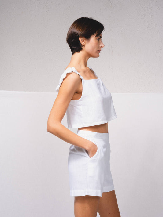 Top corto in lino con spalline arricciate