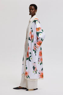 Kimono lungo con frange e stampa floreale