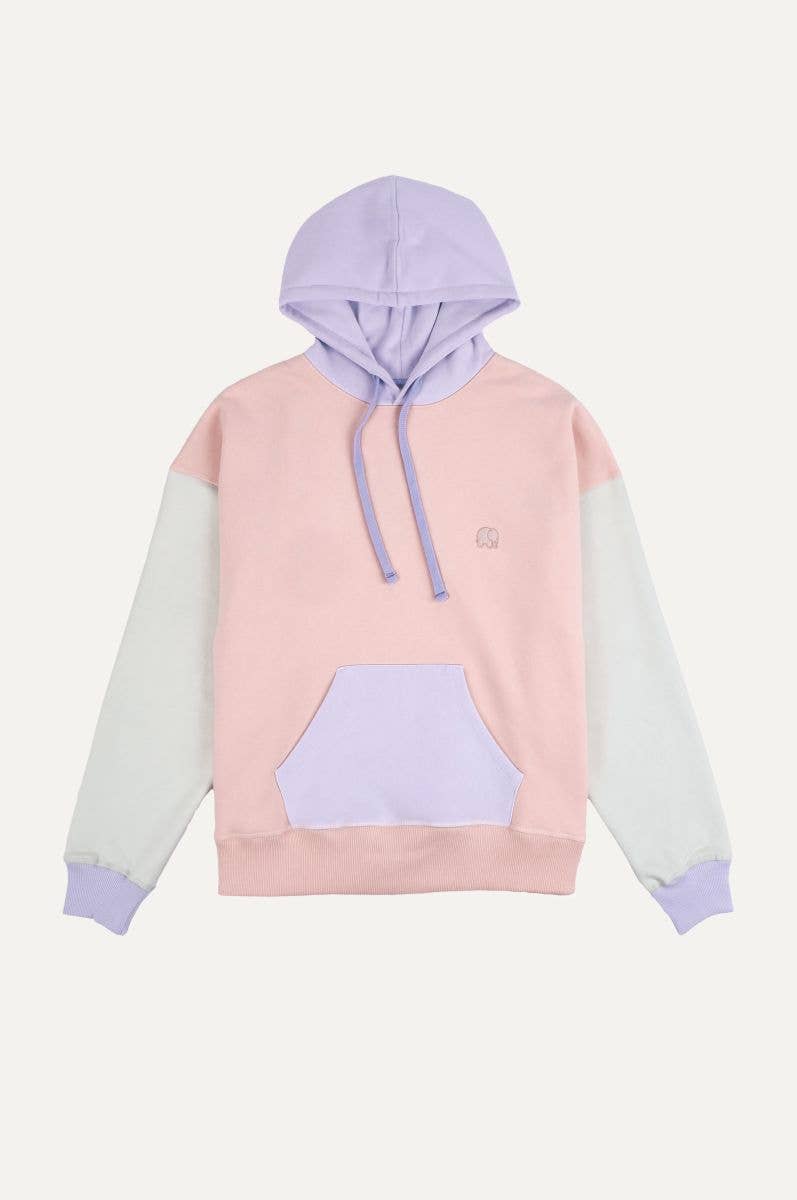 Felpa oversize donna color block rosa con cappuccio