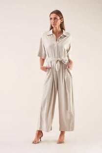 Tuta jumpsuit in viscosa e lino con cintura
