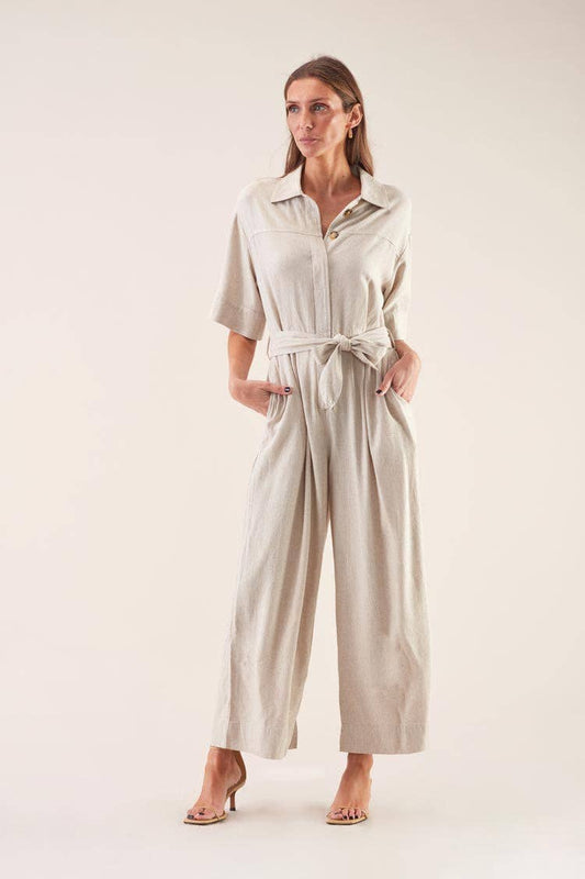 Tuta jumpsuit in viscosa e lino con cintura