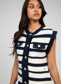Cardigan smanicato a righe blu navy
