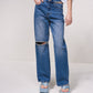 Jeans a vita alta wide leg con strass e strappi