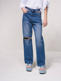 Jeans a vita alta wide leg con strass e strappi